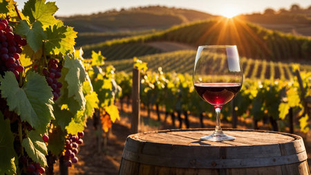 A glass of red wine sits on a wooden barrel surrounded by a verdant vineyard as the sun sets over...