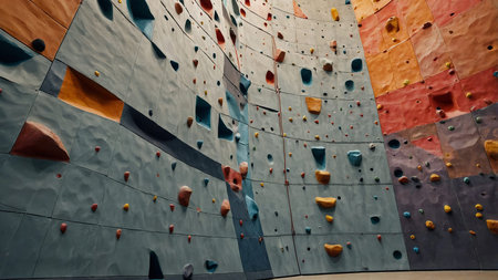 This image showcases a vibrant indoor climbing wall with multicolored holds, offering various routes...