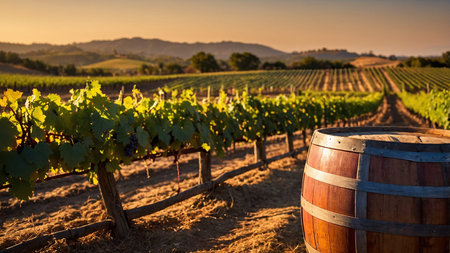 A tranquil vineyard under the setting sun, with lush grapevines, a wine barrel in the forefront, and...