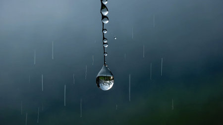 A close-up image of a large water droplet suspended in mid-air, reflecting an upside-down landscape, with smaller droplets trailing above and a blurred, monochromatic background. AI generated imageの写真素材