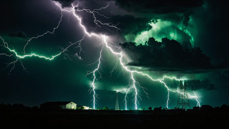 An awe-inspiring scene of a powerful lightning storm, with vibrant green and dark clouds...
