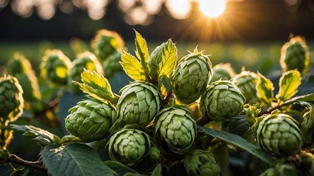 The image captures a close-up view of hop cones ripe with green leaves, shining in the sunlight,...