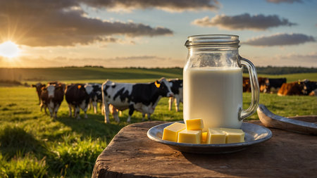 This image captures a serene countryside at sunrise, featuring grazing cows in the background with a glass of milk and slices of butter placed on a wooden table in the foreground. AI generated imageの写真素材