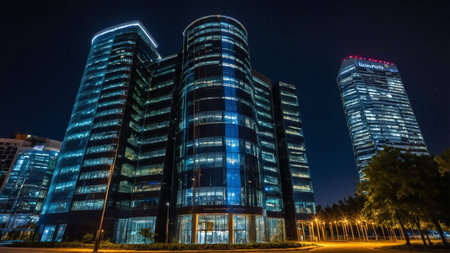 The image depicts a series of modern glass skyscrapers brilliantly lit against the night sky,...