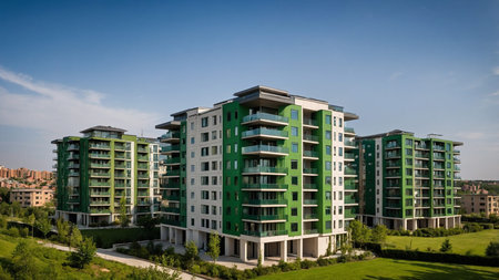 This image features modern apartment buildings with green accents, multiple balconies, and a well-kept lawn, depicting an urban residential complex with a refreshing touch of nature and contemporary architecture. AI generated imageの写真素材