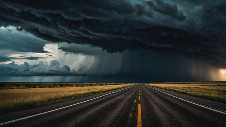 A dramatic scene of storm clouds approaching a long, deserted road, creating a striking contrast between the dark sky and the road, symbolizing isolation and the power of nature with impending rain. AI generated imageの写真素材