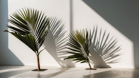 A photography of large Monstera leaves casting distinct and artistic shadows on a clean, white...