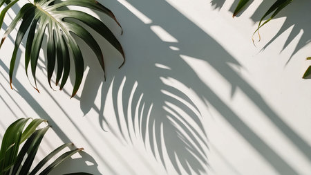 A photography of large Monstera leaves casting distinct and artistic shadows on a clean, white...