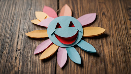 A cheerful paper craft featuring a smiling face with multicolored petals arranged like a flower, placed on a textured wooden background symbolizing joy, creativity, and positivity. AI generated imageの写真素材