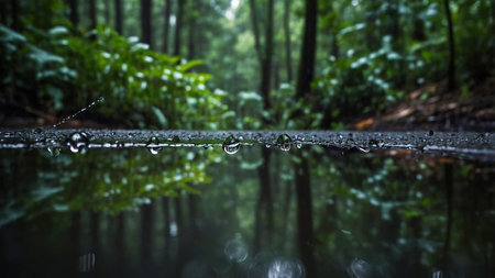 Close-up of raindrops hanging from a metal rod, capturing the natural beauty and tranquility of a rainy day, highlighting the clear drops with green foliage blurred in the background, perfect for serene themes.の写真素材