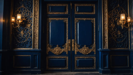 This image features dark blue double doors with intricately golden embellishments and glass panels, softly illuminated from both sides, creating a sense of elegance and mystery. AI generated imageの写真素材
