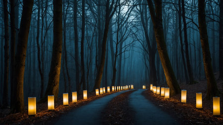 In the image, a forest path is lined with glowing lanterns on either side, emanating a serene, enchanting ambiance amid towering trees in the misty evening light. AI generated imageの写真素材