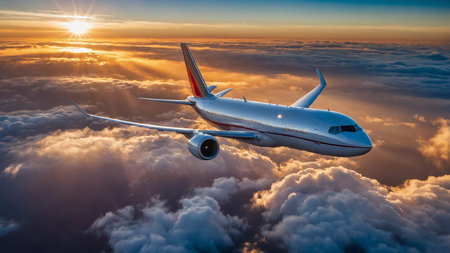 This image shows a sleek airplane flying above a blanket of clouds at sunset, highlighting the...