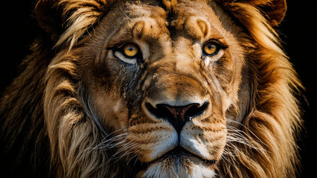 A close-up shot of a lion with a detailed view of its face, fur, and piercing eyes against a dark...