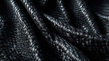 This image captures a close-up view of black woven textile fibers, highlighting the intricate texture and detailed craftsmanship of the material, perfect for design projects and texture studies. AI generated imageの写真素材