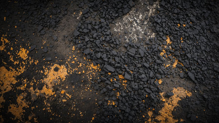 The image showcases a close-up view of a cracked black surface forming irregular patterns, creating a dark and textured visual effect that captures the viewer's attention with its intricate design. AI generated imageの写真素材