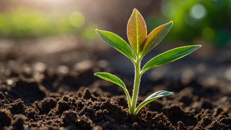 This image showcases a close-up of a bright green plant seedling growing in dark, rich soil...