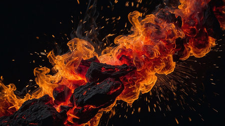This image showcases a mesmerizing view of red hot embers and flames, illustrating the powerful...
