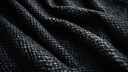 This image captures a close-up view of black woven textile fibers, highlighting the intricate...