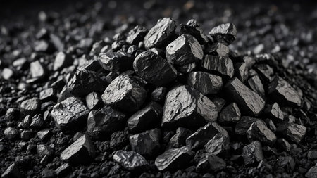 The image showcases a pile of black coal pieces scattered on a dark ground, highlighting its...
