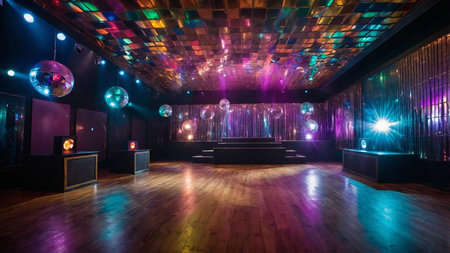 A lively nightclub featuring a wooden dance floor, dazzling disco balls, and vibrant multi-colored...