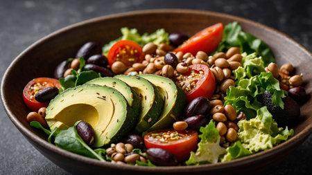 A colorful, healthy salad featuring ripe avocado slices, juicy cherry tomatoes, assorted beans, black olives, and fresh lettuce, arranged artistically in a dark brown bowl, perfect for a nutritious meal. AI generated imageの写真素材