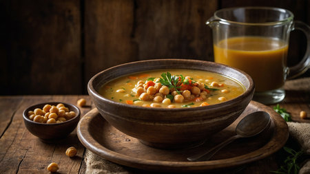 A delicious bowl of chickpea soup garnished with fresh cilantro, served on a rustic wooden table alongside a decorative spoon, capturing a comforting and cozy meal. Perfect for showcasing rustic cuisine. AI generated imageの写真素材