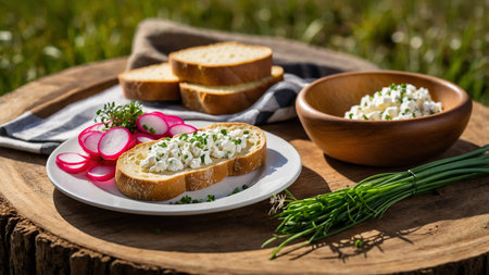 A delicious serving of freshly made bread with whipped cheese and fresh chives, accompanied by...