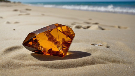 This image captures a translucent amber gemstone with visible insect inclusions, set against the...