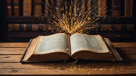 A weathered, open book on a wooden table, radiating with magical, golden sparkles, evoking a sense...