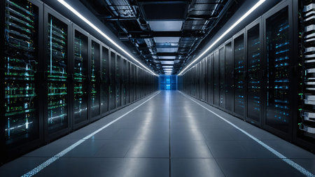This image showcases a modern server room with rows of illuminated racks, highlighting efficient...