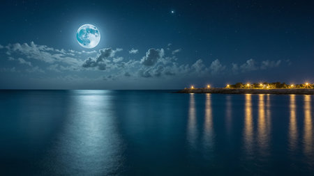 This image captures a tranquil night with a bright full moon reflecting on the calm ocean waters, under a starry sky. Clouds and the horizon add depth to this mesmerizing and peaceful scene. AI generated imageの写真素材