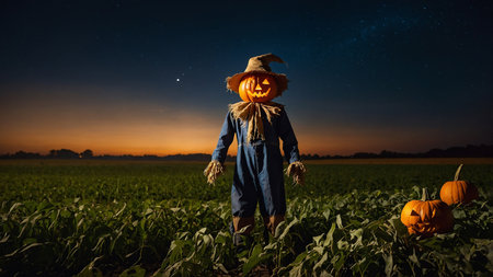 A scarecrow with a pumpkin head stands ominously in the middle of a field, surrounded by pumpkins, under a clear night sky with a glowing moon, creating a spooky atmosphere. AI generated imageの写真素材
