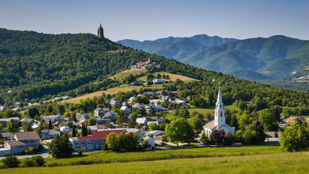 A picturesque town nestled in a valley, capturing the beauty of charming houses and a prominent church steeple against lush green hills and a clear blue sky. Perfect for stock photography use. AI generated imageの写真素材