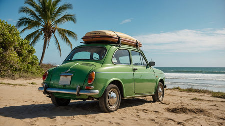 A classic vintage green car is parked on a sandy beach with a pristine ocean and clear blue sky in the background, featuring luggage on the roof rack, symbolizing nostalgia and adventure. AI generated imageの写真素材