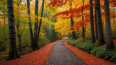 A serene path winds through an autumn forest, blanketed with amber leaves, surrounded by tall trees,...