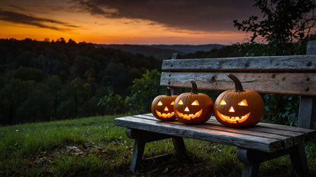 Three jack-o'-lanterns emitting warm light sit on a weathered bench against a picturesque dusk, highlighting the fall spirit in a tranquil rural landscape with rolling hills and a colorful sky. AI generated imageの写真素材