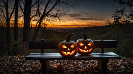 Two jack-o'-lanterns emitting warm light sit on a weathered bench against a picturesque dusk,...
