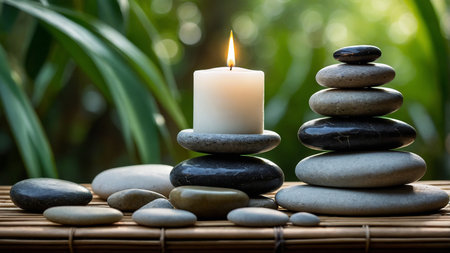 Image depicts a serene setting with stacked gray stones and a lit candle on top, accompanied by green leaves, symbolizing balance, calm, and tranquility. Excellent for relaxation and meditation themes. AI generated imageの写真素材