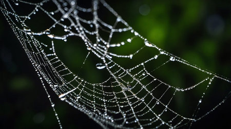 A beautiful spider web covered with morning dew drops captures the delicate and intricate...