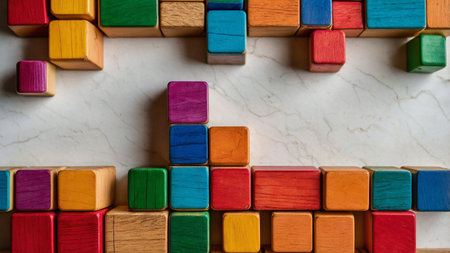 This image features a vibrant, organized collection of colorful wooden blocks in different shapes and sizes, forming an abstract, visually pleasing pattern that stimulates creativity and playfulness. AI generated imageの写真素材