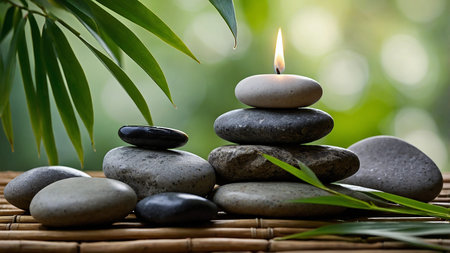 Image depicts a serene setting with stacked gray stones and a lit candle on top, accompanied by green leaves, symbolizing balance, calm, and tranquility. Excellent for relaxation and meditation themes. AI generated imageの写真素材