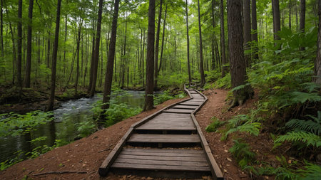 A tranquil forest path runs alongside a serene lake, bordered by tall, lush green trees under a...