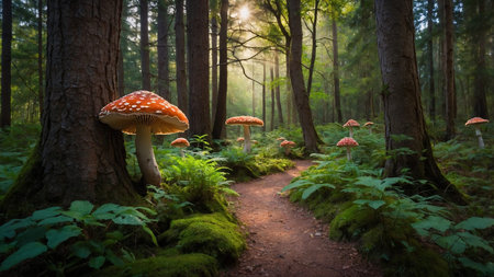 A serene forest path flanked by large, enchanting mushrooms under a dappled, soft light creating a...