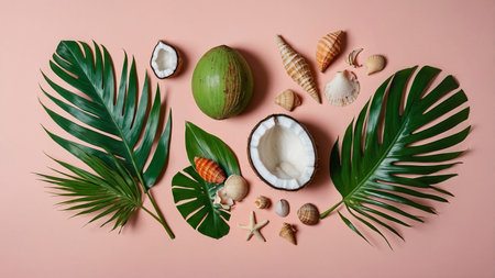 A visually appealing tropical-themed arrangement featuring coconuts, starfish, seashells, and green leaves, perfectly set on a pastel pink background, evoking summer and beach vibes. AI generated imageの写真素材
