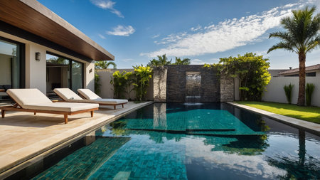 Luxurious backyard featuring a serene pool, two lounge chairs, and lush palm trees, encapsulating a...