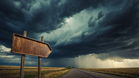 An old, worn signboard stands against a dark, stormy sky in an open field, portraying a dramatic,...
