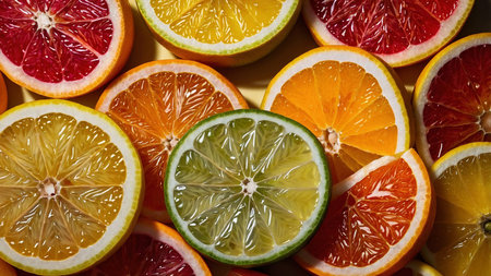 This vibrant image captures a variety of citrus fruit slices, showing the bright and diverse colors...