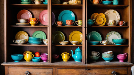 An artfully arranged collection of colorful vintage kitchenware, featuring plates, bowls, pitchers, and teapots on wooden shelves, showing bright and vibrant ceramic dishes and mugs in a rustic setting. AI generated imageの写真素材