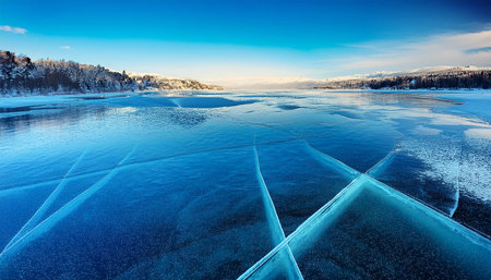 The image showcases a serene winter scene with a frozen lake covered in cracks, under a clear blue...